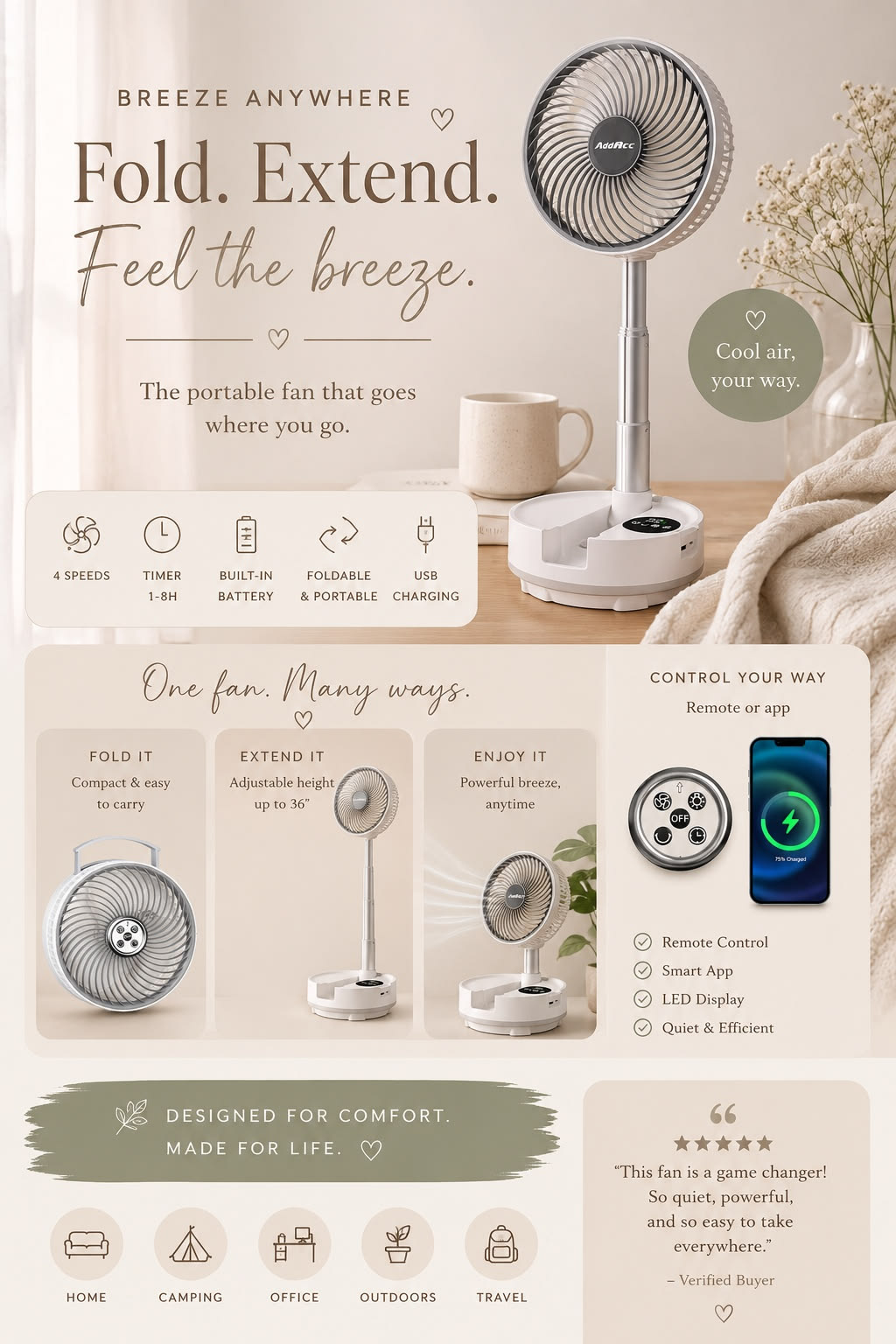Portable Travel Fan, Foldable Standing Fan for Bedroom
