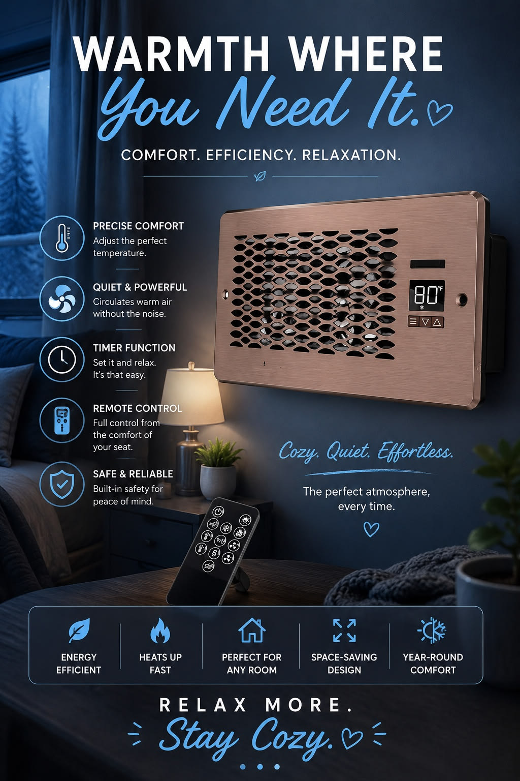 Built-in Register Booster Fan with Cover for Air Heat Vent